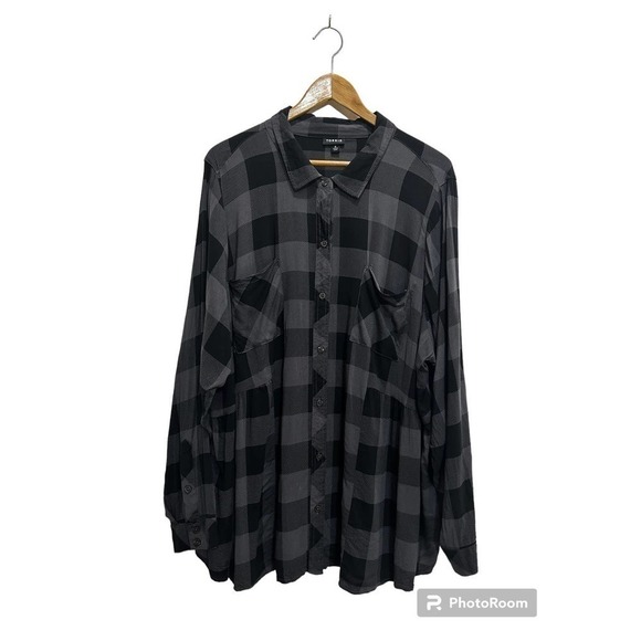 Torrid Buffalo Check Black Gray Long Sleeve Boho Shirt 4 Button Front Indie Blk - Picture 1 of 14